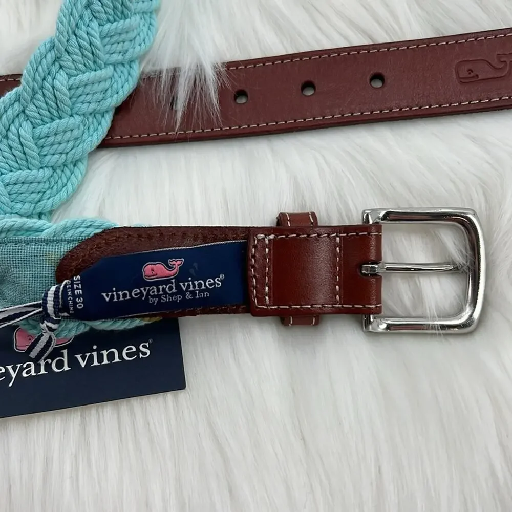 Vineyard Vines Men's Braided Rope Belt with Leather - Crystal Blue - 30 - NWT